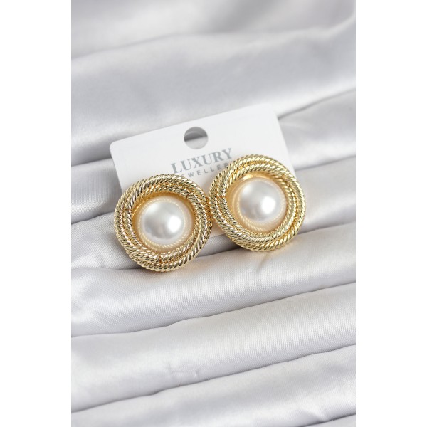 Pirinç Gold Renk Sarmal Model İncili Kadın Küpe TJ-BKP11778