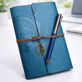 Yaprak Desenli Deri Defter Ve Lacivert Metal Roller Kalem Seti