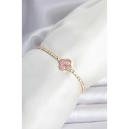 Pirinç Gold Renk Pembe Zirkon Taşlı Yonca Model Su Yolu Kadın Bileklik TJ-BB8466