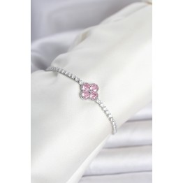 Pirinç Gümüş Renk Pembe Zirkon Taşlı Yonca Model Su Yolu Kadın Bileklik TJ-BB8467