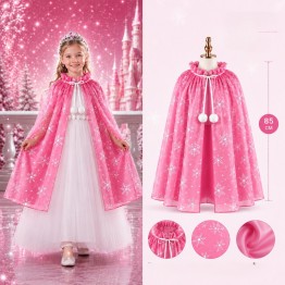 Kar Tanesi Desenli Pembe Elsa Pelerini - Astarlı Frozen Pelerini 85 cm