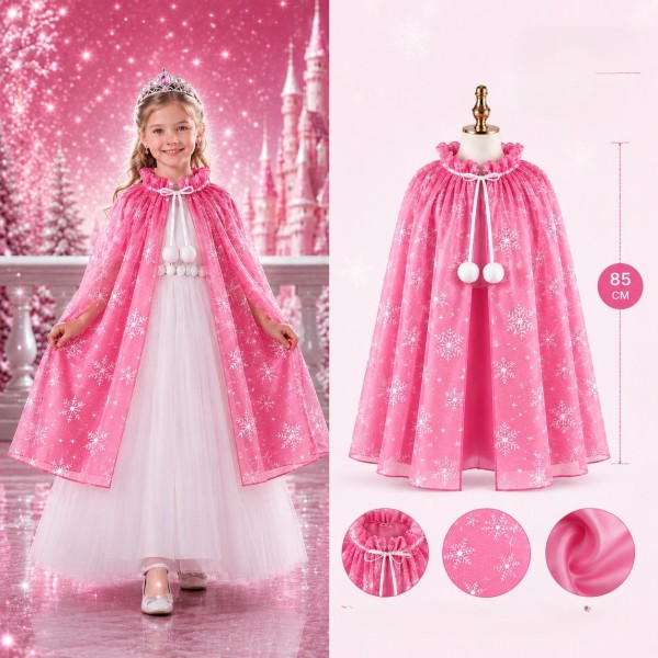 Kar Tanesi Desenli Pembe Elsa Pelerini - Astarlı Frozen Pelerini 85 cm