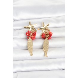Deniz Yıldızı ve Balık Detaylı Kırmızı Taşlı Gold Renk Kadın Küpe TJ-BKP11795