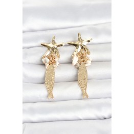 Deniz Yıldızı ve Balık Detaylı Krem Taşlı Gold Renk Kadın Küpe TJ-BKP11796