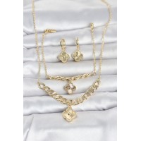 Gold Renk Pirinç Kolye Bileklik ve Küpe Seti TJ-BKO11063