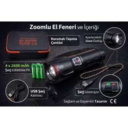 6000 Lümen 60W Şarjlı El Feneri - 2 KM Menzilli 10400 mAh Powerbank 4 Pilli Metal Fener RT-T709