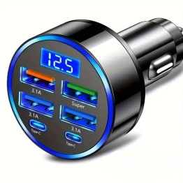 6 Portlu Hızlı Araç Şarj Cihazı – 4 USB + 2 Type-C Çıkışlı Dijital Göstergeli Oto Şarjı