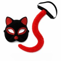 Kırmızı Kedi Maske ve Kuyruk Seti Parti Kostüm Aksesuarı