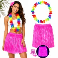 Neon Pembe Hawaii Etek 40 cm ve Rengarenk Hawaii Kolye