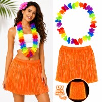 Neon Turuncu Hawaii Etek 40 cm ve Rengarenk Hawaii Kolye