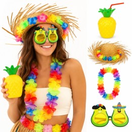 4 Parça Hawaii Parti Seti Ananas Bardak Hasır Şapka Avokado Gözlük Çiçek Kolye