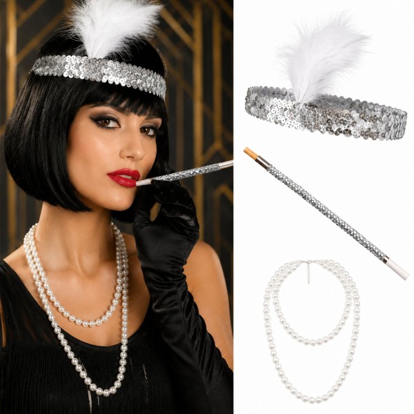 1920'ler Gatsby Gümüş Parti Seti - Çarliston Saç Bandı, İnci Kolye ve Tutacağı