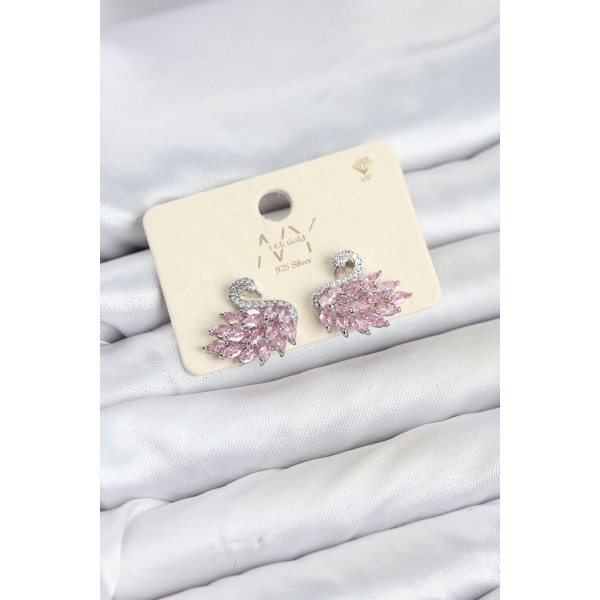 Pembe Zirkon Taşlı Gümüş Swan Kuğu Model Kadın Küpe TJ-BKP11941