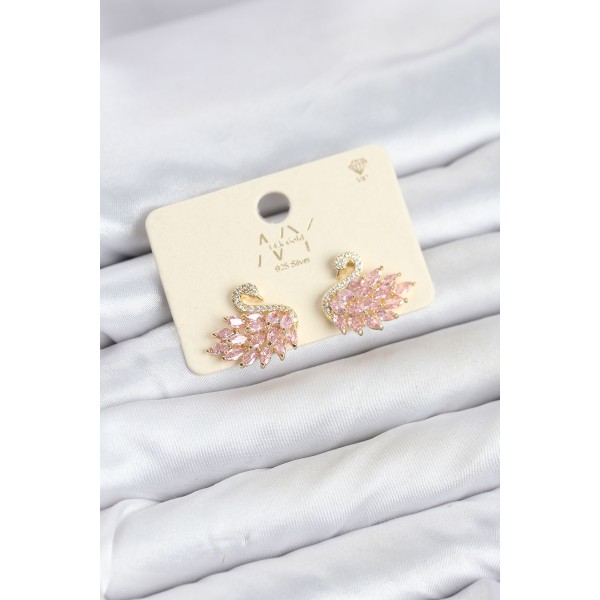 Pembe Zirkon Taşlı Gold Swan Kuğu Model Kadın Küpe TJ-BKP11942