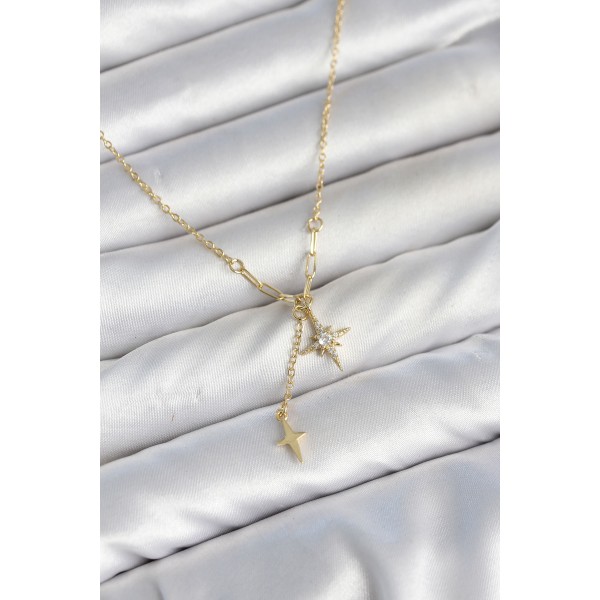 Pirinç Gold Renk Zirkon Taşlı Minimal Sallantılı Kutup Yıldızı Model Kadın Kolye TJ-BKO11143