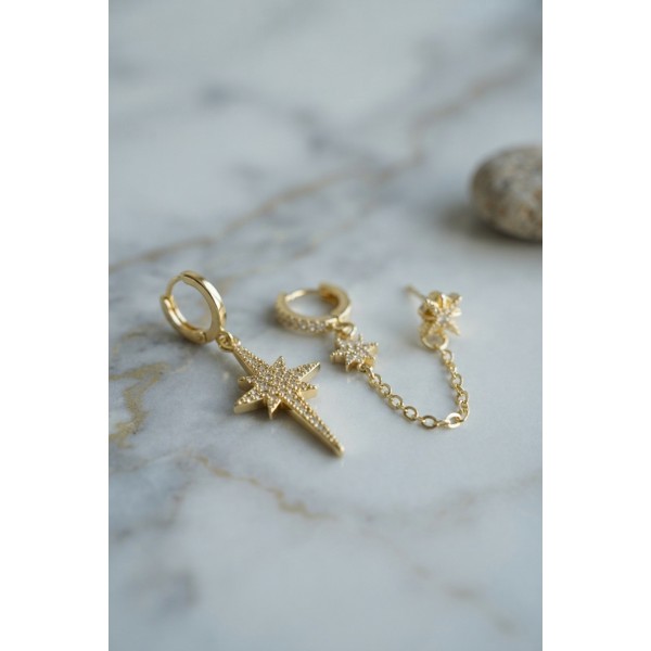 3 lü Set Küpe Gold Renk Zincir Detaylı TJ-BKP11954