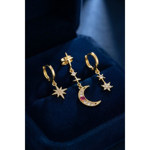 Gold Renk 3 lü Ay ve Yıldız Model Küpe TJ-BKP11966