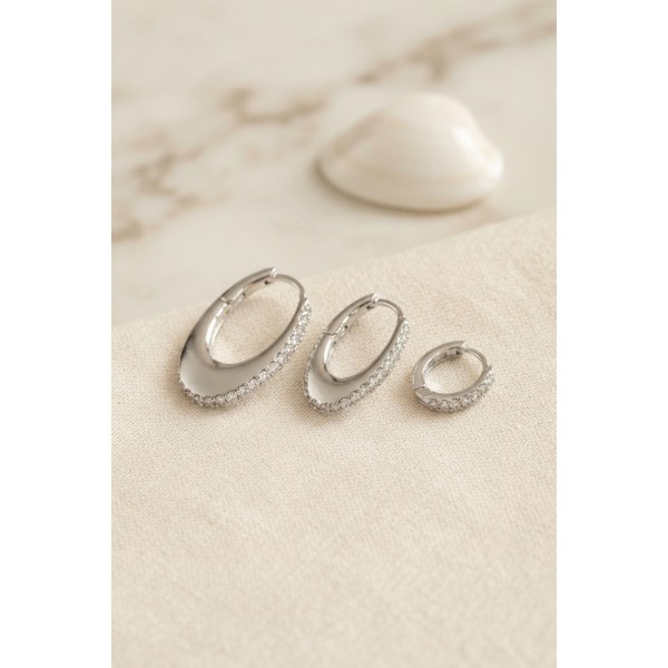 Gümüş Renk Oval Halka Model Zirkon Taşlı 3 lü Küpe Set TJ-BKP11975