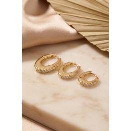 Gold Renk Oval Halka Model Zirkon Taşlı 3 lü Küpe Set TJ-BKP11976