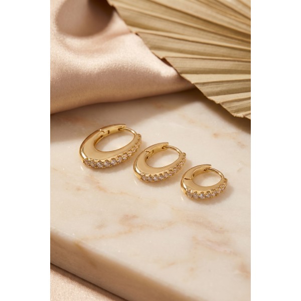 Gold Renk Oval Halka Model Zirkon Taşlı 3 lü Küpe Set TJ-BKP11976