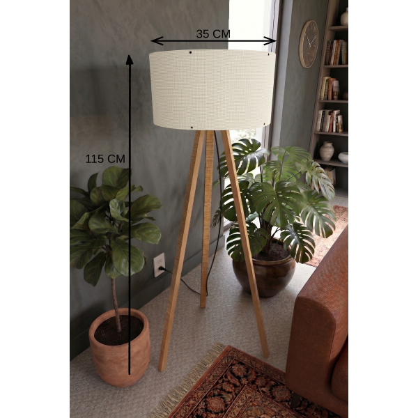 3 Ayaklı Tripod Lambader Krem Kumaş Başlık