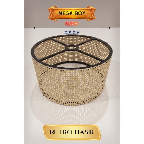 Retro Hasır Lambader Başlığı 35 CM Mega Boy