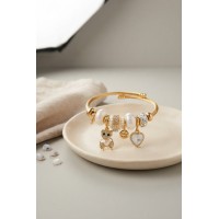 Tedy Bear Model Gold Renk Beyaz Charmlı Bileklik TJ-BB8661