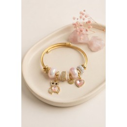 Tedy Bear Model Gold Renk Pembe Charmlı Bileklik TJ-BB8662