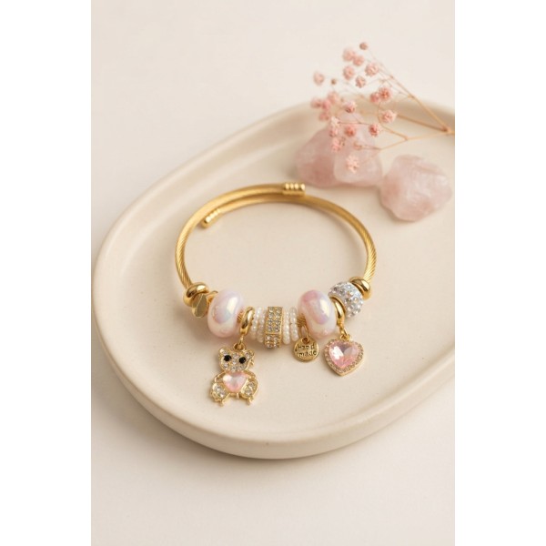 Tedy Bear Model Gold Renk Pembe Charmlı Bileklik TJ-BB8662