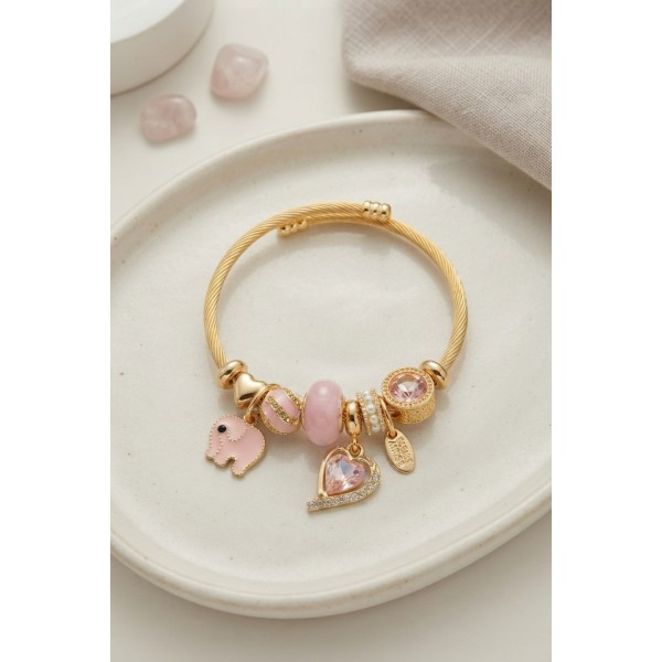 Kalp ve Fil Model Pembe Charmlı Bileklik TJ-BB8748