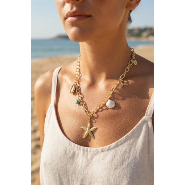 Deniz Yıldızı Charm Detaylı Gold Renk Zincir Kolye TJ-BKO11165