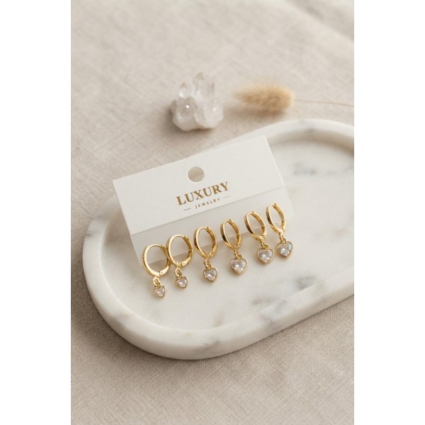 Kalp Zirkon Taşlı Gold Renk Pirinç Set Küpe TJ-BKP11990