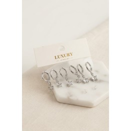 Yıldız Zirkon Taşlı Gümüş Renk Pirinç Set Küpe TJ-BKP11991