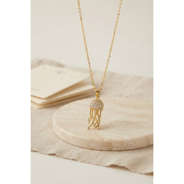 316L Çelik Zincir Gold Renk Zirkon Taşlı Jellyfish Model Kolye TJ-BKO11172