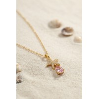 316L Çelik Zincir Gold Renk Yıldız Model Pembe Damla Taş Model Kolye TJ-BKO11194