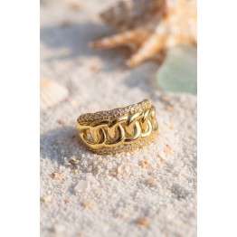 Çift Sıra Zirkon Taşlı Örgü Zincir Formlu Gold Renk Yüzük TJ-BYK4229