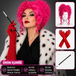 Neon Bukleli Pembe Peruk Uzun Kumaş Kırmızı Eldiven ve Tutucu Seti (3 Parça)