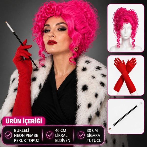 Neon Bukleli Pembe Peruk Uzun Kumaş Kırmızı Eldiven ve Tutucu Seti (3 Parça)