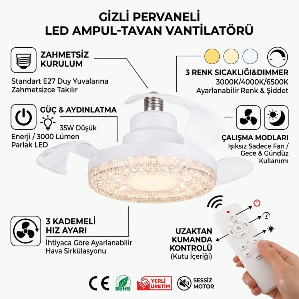 Gizli Pervaneli LED Ampul-Tavan Vantilatörü HV501
