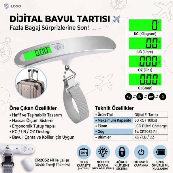Dijital Bavul Tartısı LCD Ekranlı Taşınabilir Kompakt Hassas El Tartısı 50 KG Kapasiteli