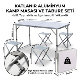 Katlanabilir Alüminyum Kamp Masası ve 4 lü Tabure Seti