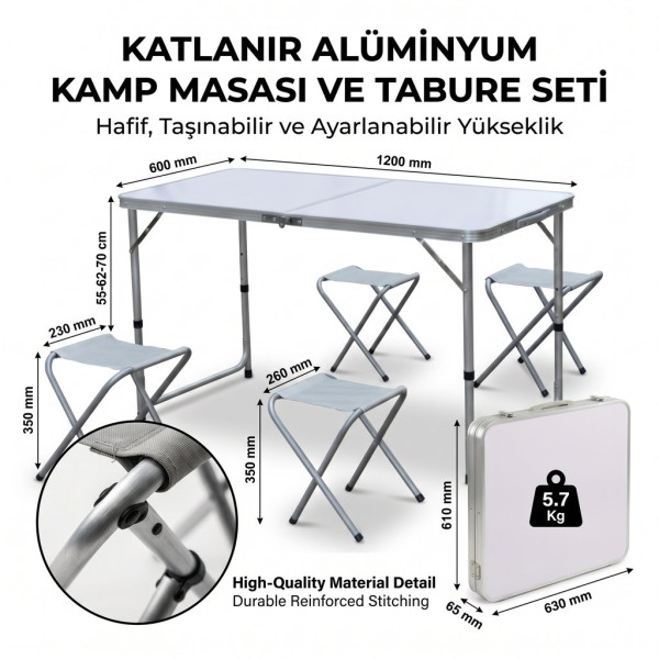 Katlanabilir Alüminyum Kamp Masası ve 4 lü Tabure Seti