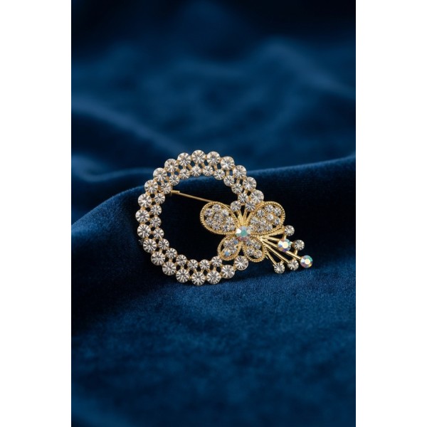 Detaylı Zirkon Taşlı Gold Renk Broş TJ-BR506
