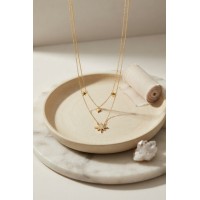 Pirinç Gold Renk Zirkon Taşlı Kutup Yıldızı Model 2'li Kadın Kolye TJ-BKO11229
