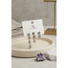 Pirinç Gümüş Renk Zirkon Taşlı Sallantılı Yıldız Model Kadın Küpe Seti TJ-BKP12186