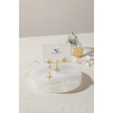 Pirinç Gold Renk Zirkon Taşlı Kutup Yıldızı Model Kadın Küpe Seti TJ-BKP12191