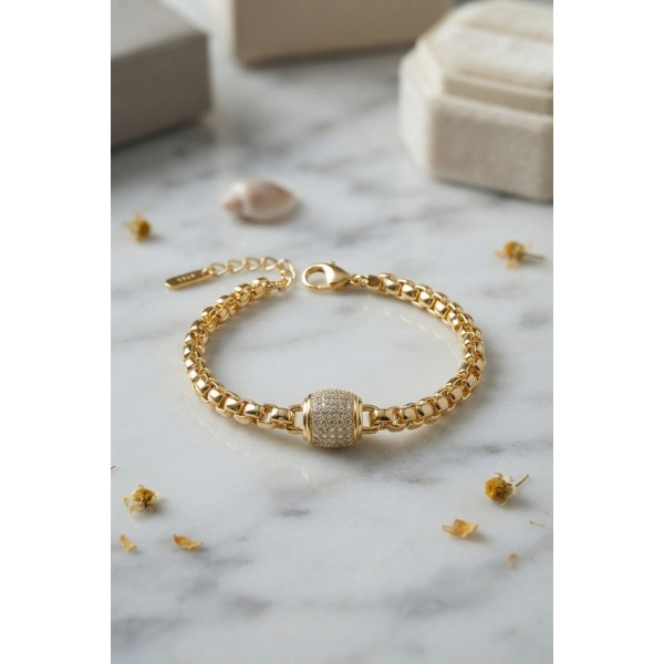 CM Gold Renk Venedik Zincir Detaylı Zirkon Taşlı Kadın Bileklik TJ-BB8904