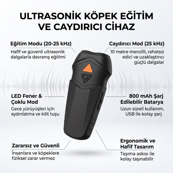 Şarj Edilebilir Ultrasonik ve Havlama Önleyici Eğitim Cihazı - LED Fenerli 10 Metre Menzil