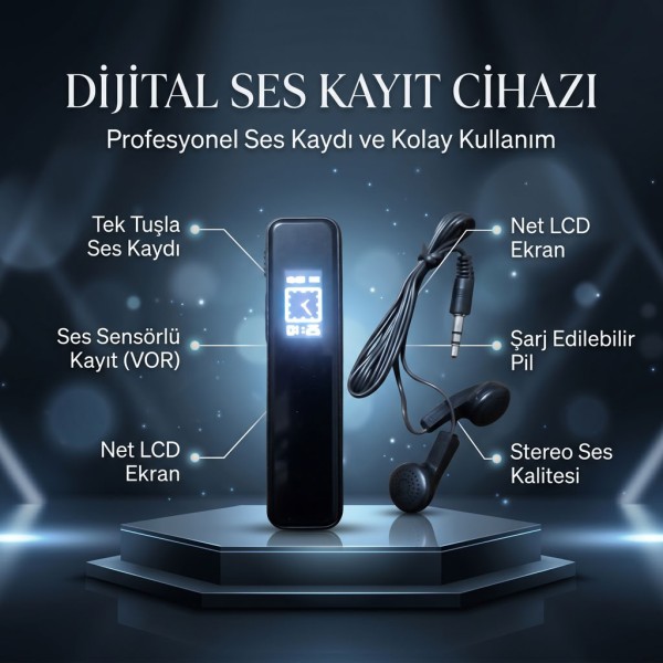64GB Dijital Ses Kayıt Cihazı - Ses Sensörlü (VOR), Şarjlı, LCD Ekranlı ve Kulaklıklı Mini Kayıt Cihazı KB90