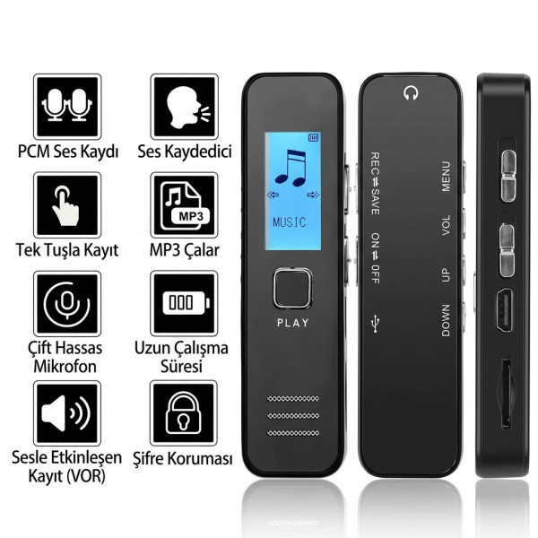32 GB Profesyonel Dijital Ses Kayıt Cihazı - Ses Sensörlü (VOR), Çift Mikrofonlu MP3 Çalar KB60